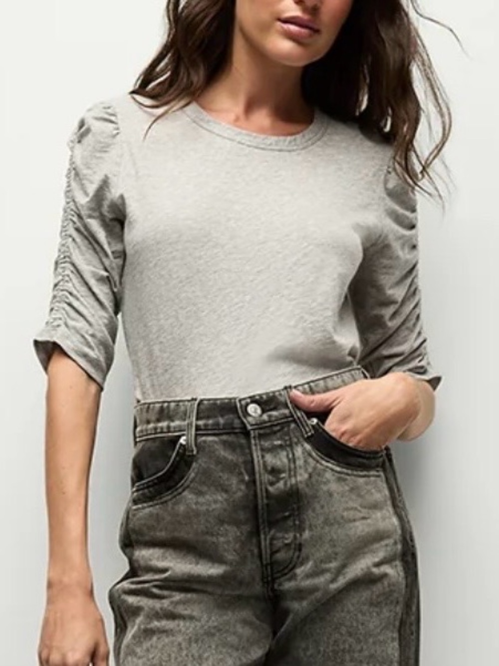 Veronica Beard Waldorf Ruched-Sleeve Cotton T-Shirt – XL – NWOT